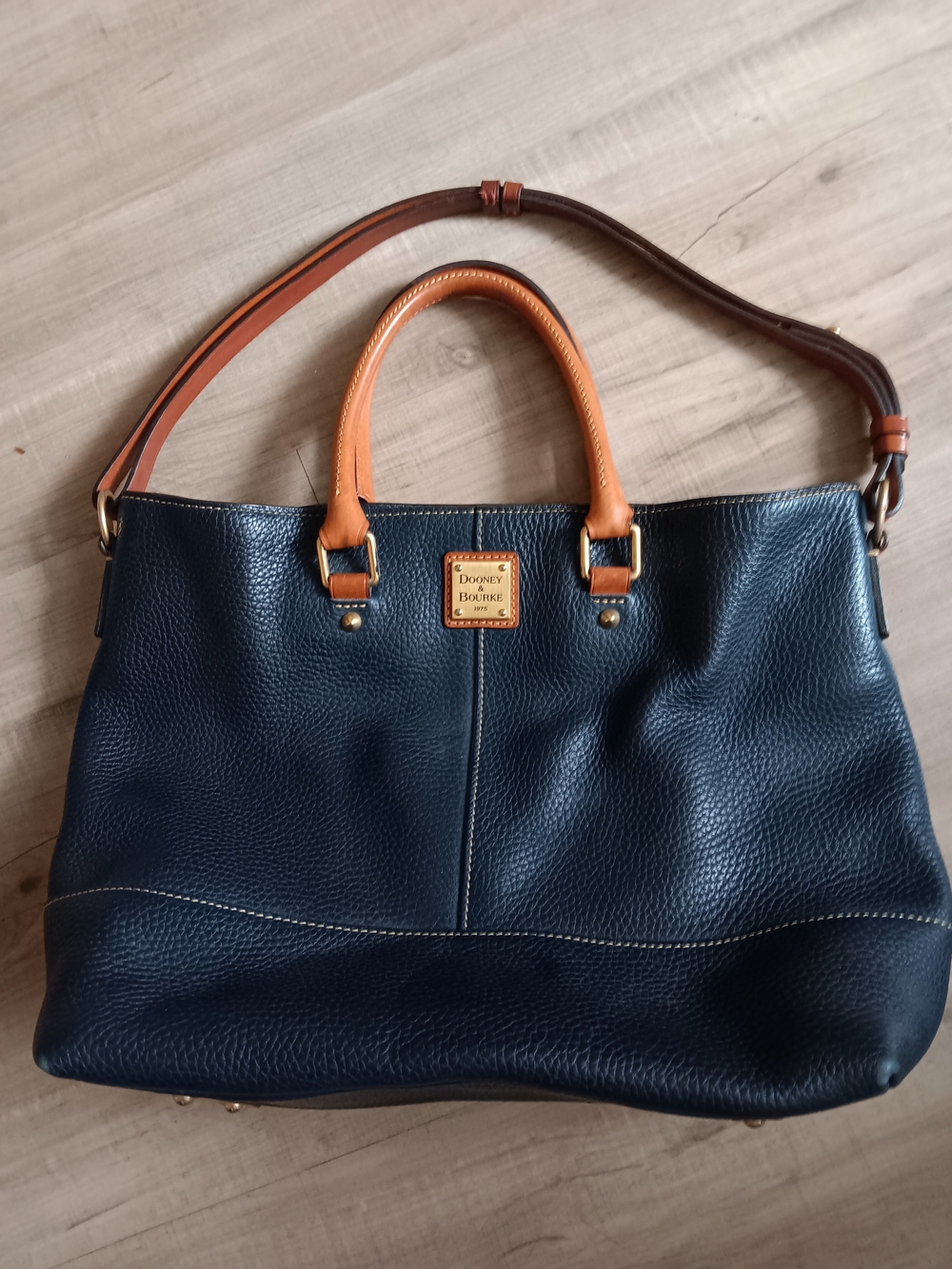 Dooney & Bourke Black Leather Tote with Tan Handles